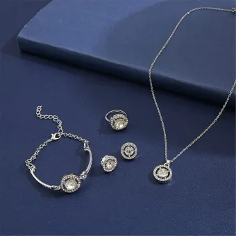 Silver Zircon Circle Design Necklace Set 4 Pcs